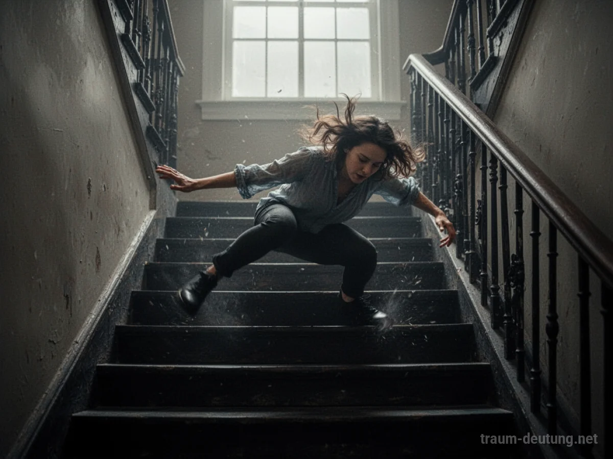 Eine Person rutscht eine steile Treppe hinunter