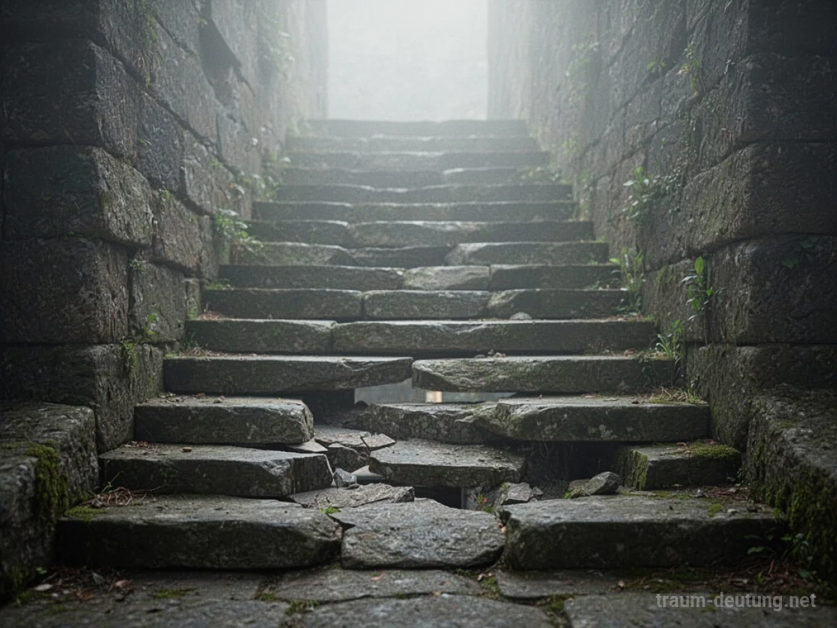 Eine Treppe mit fehlenden Stufen, die in den Nebel führt