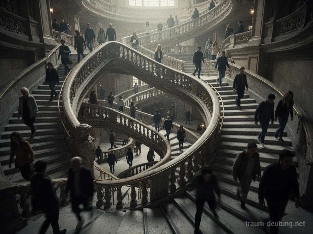Eine Treppe mit vielen Menschen, die sie auf und ab gehen.