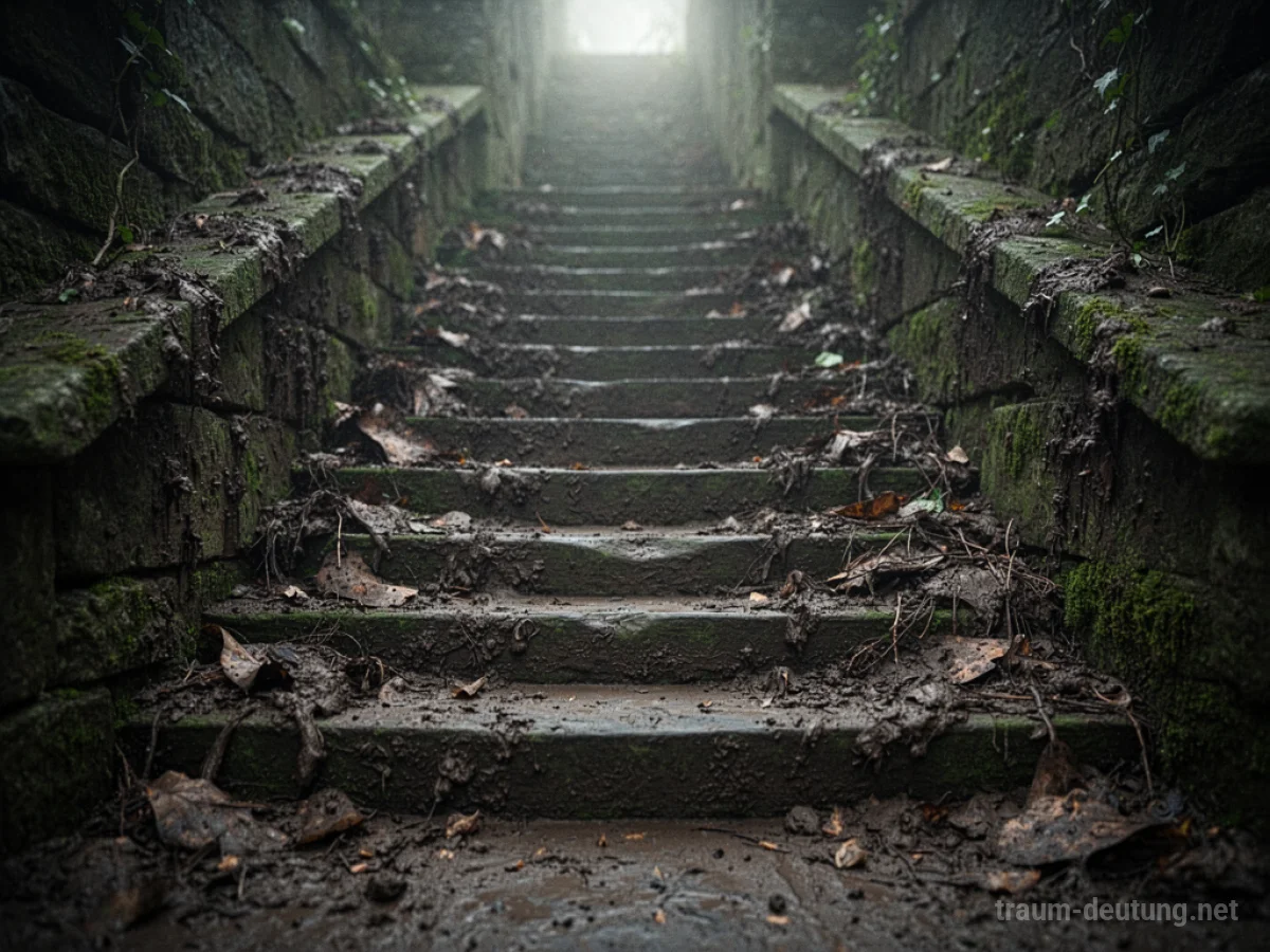 Eine schmutzige Treppe, bedeckt mit Erde und Geröll, die nach oben führt.