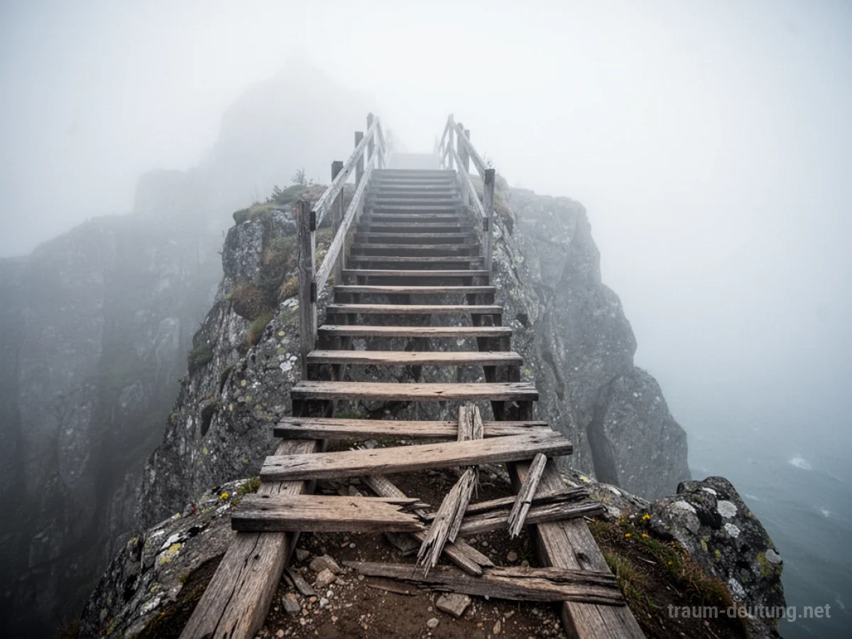 Wackelnde Holztreppe auf einer felsigen Klippe, die in den Nebel führt.