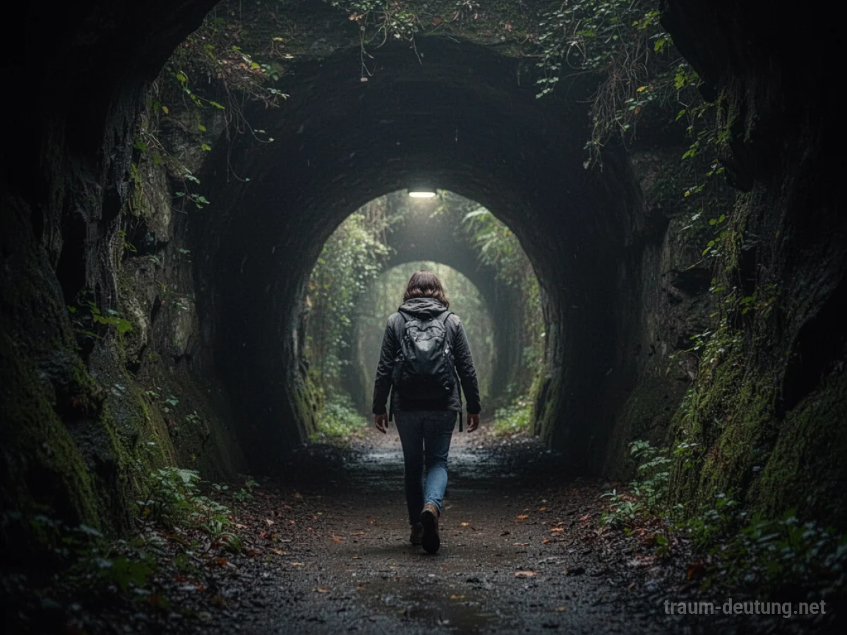 Person tritt in einen dunklen Tunnel ein, Licht am Ende sichtbar