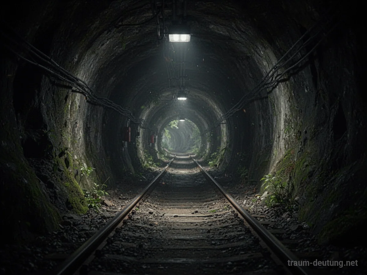 Dunkler, abwärts führender Tunnel mit spärlichem Licht am Ende.