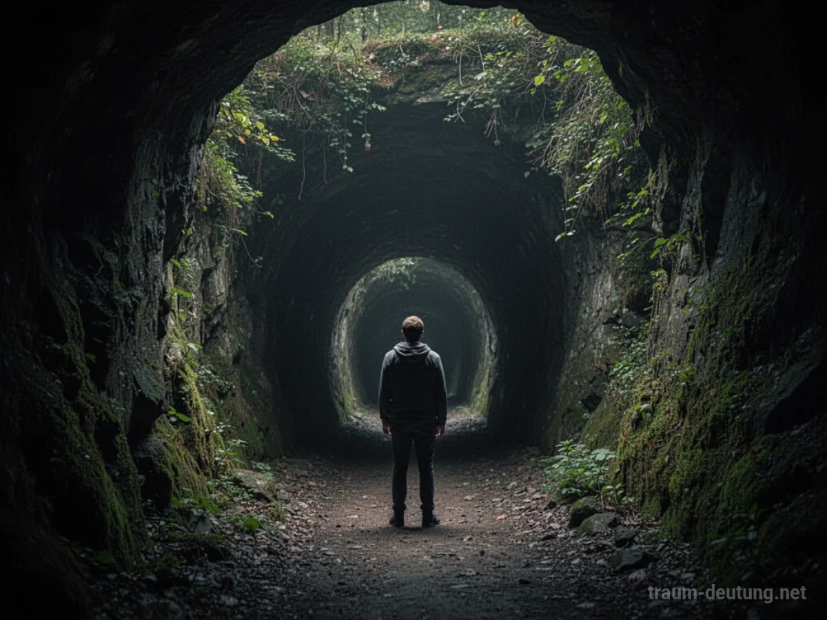 Dunkler Tunnel ohne sichtbares Ende, eine Person am Eingang stehend
