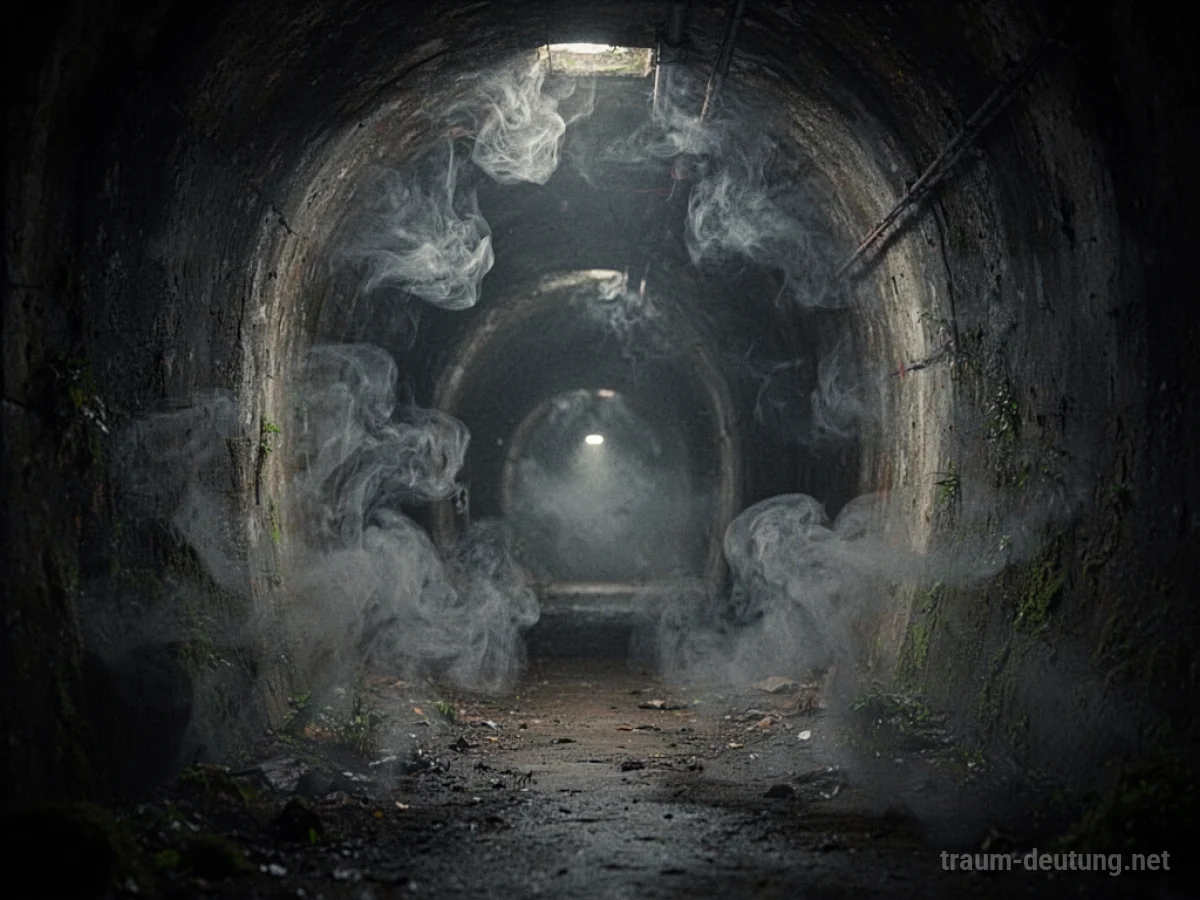 Dunkler Tunnel, der mit dichtem, wirbelndem Rauch gefüllt ist und dessen Ende kaum zu erkennen ist.