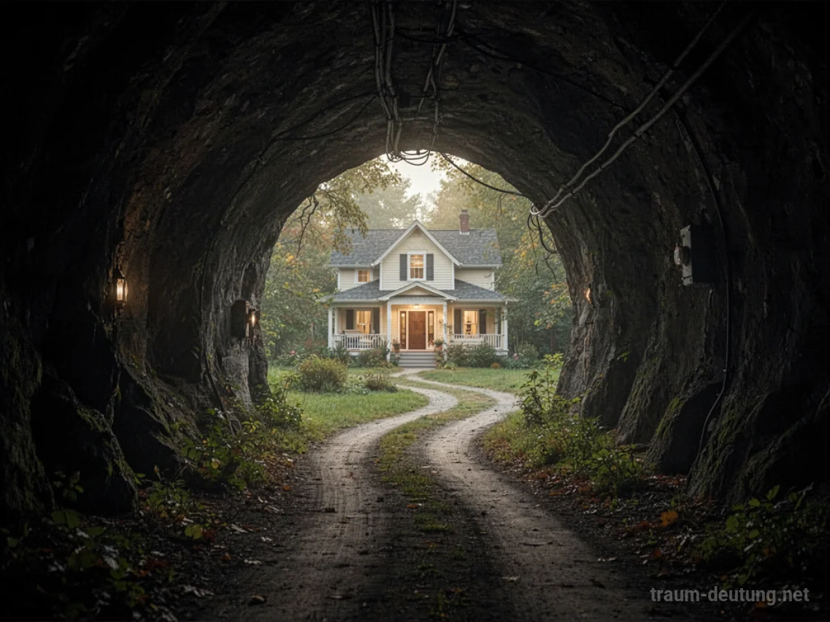 Ein dunkler Tunnel führt zu einem hell erleuchteten Haus.
