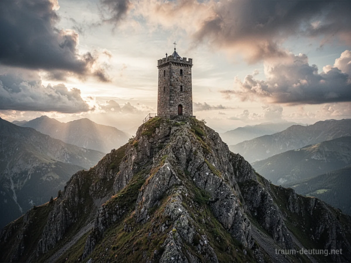 Ein einsamer Steinturm auf einem steilen Berggipfel unter dramatischem Himmel.