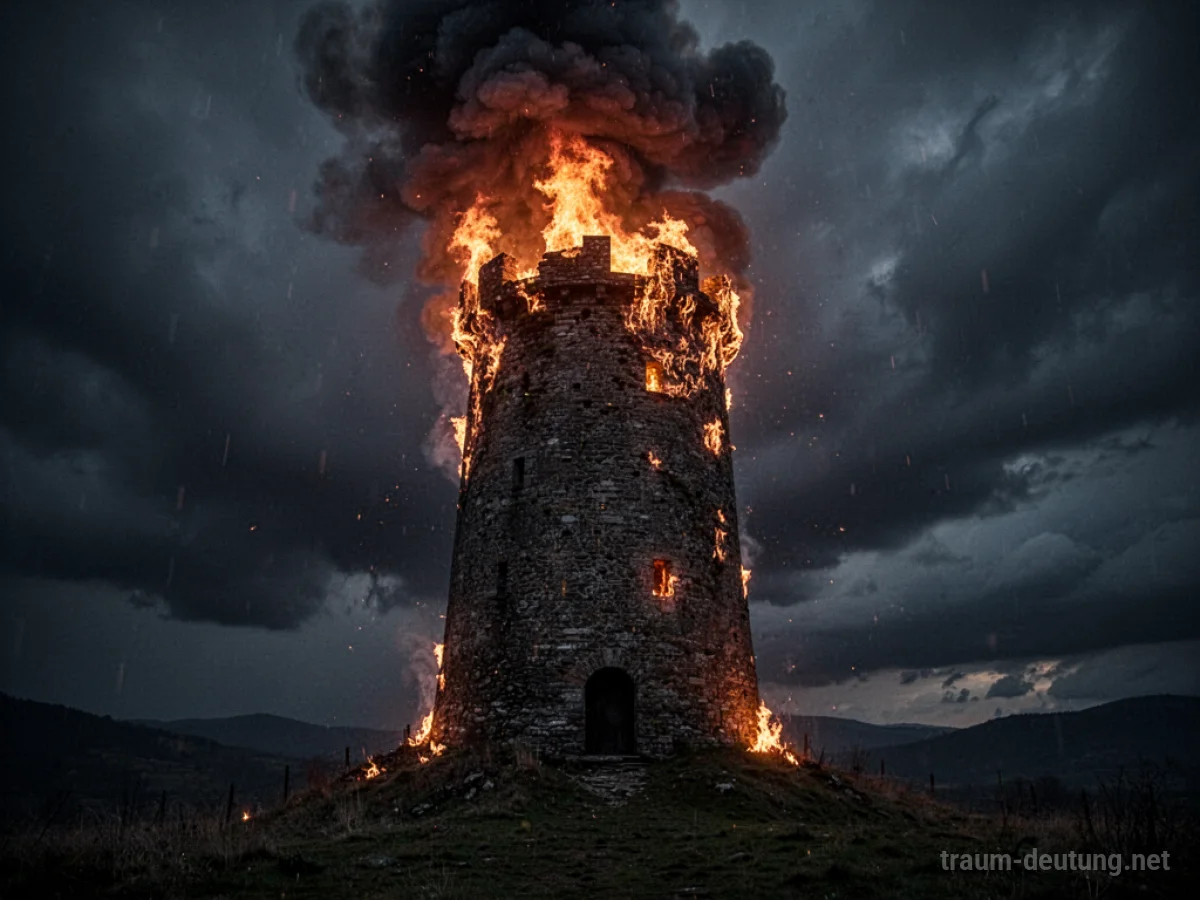 Ein brennender Turm im Dunkeln, Flammen und Rauch steigen auf.