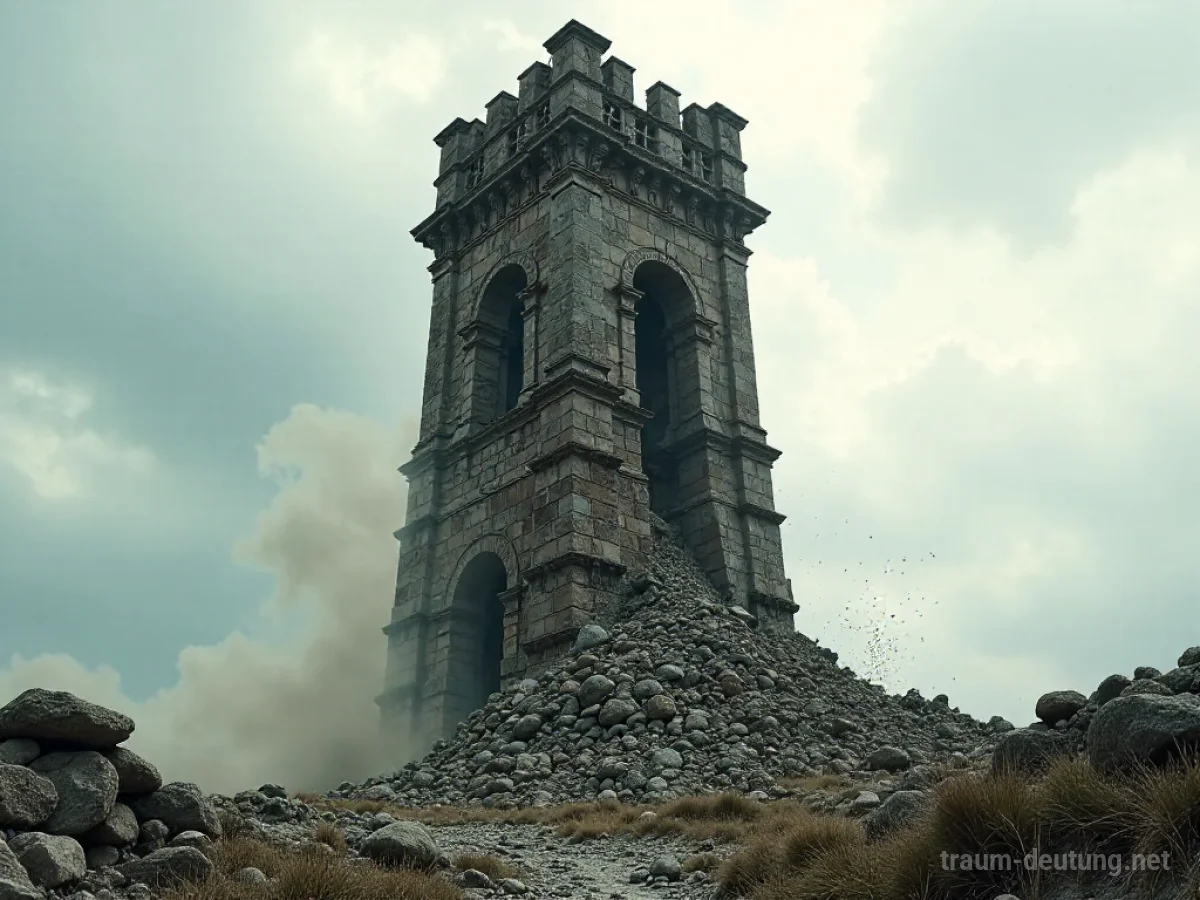 Ein hoher Steinturm stürzt in sich zusammen, Staub und Trümmer fallen herab.