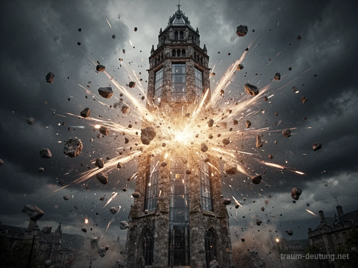 Ein explodierender Turm mit Trümmern und Lichtblitzen vor einem stürmischen Himmel