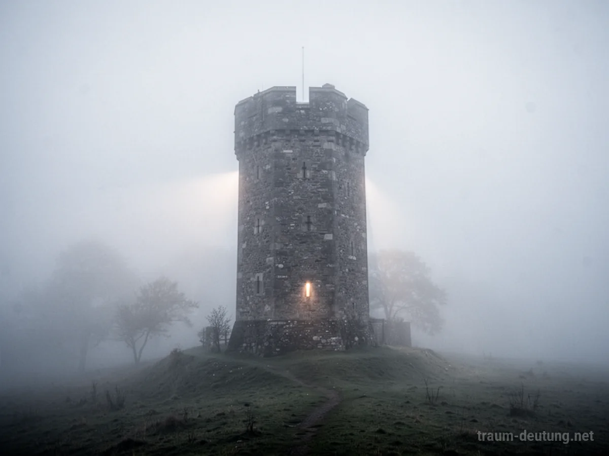 Ein einzelner Steinturm ragt aus dichtem Nebel hervor.