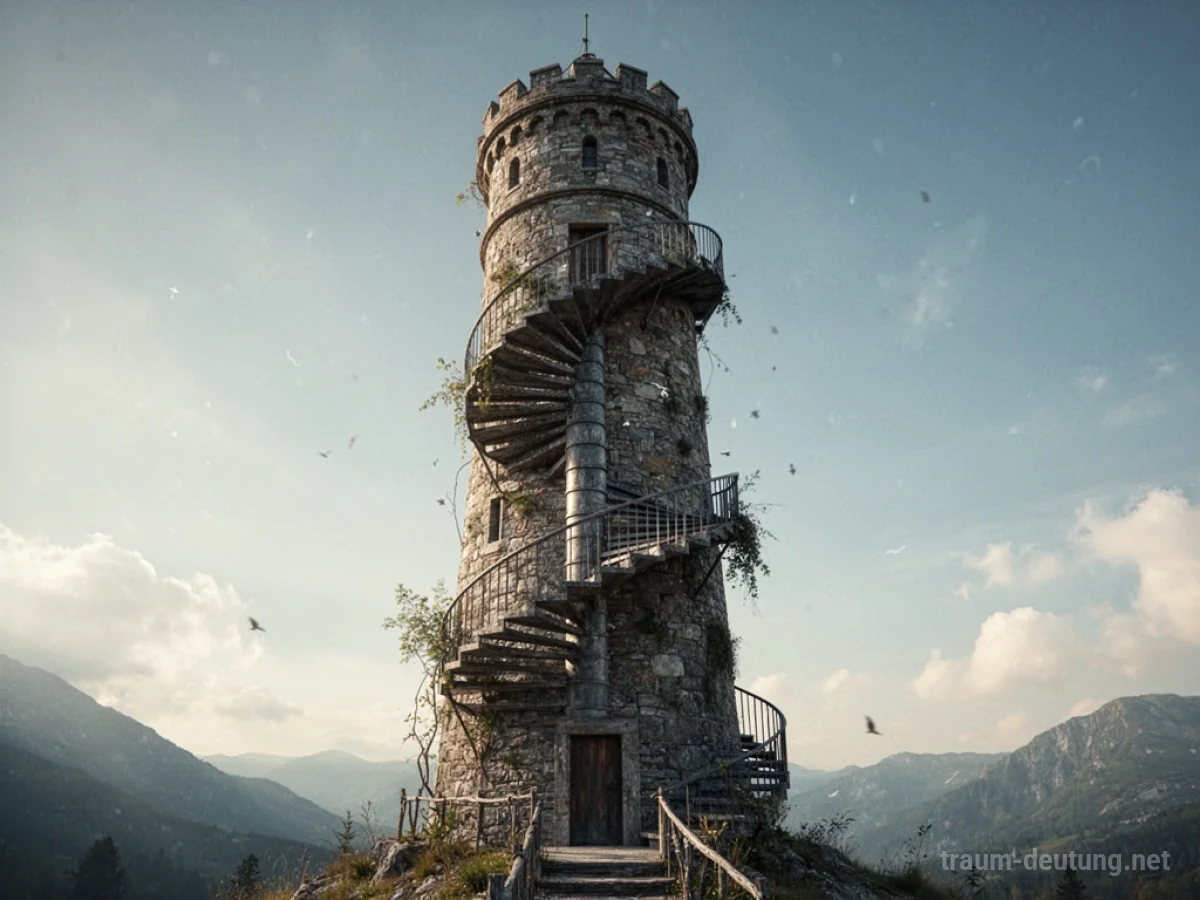 Ein hoher Steinturm mit einer sichtbaren Wendeltreppe, die außen entlangführt, vor einem klaren Himmel.