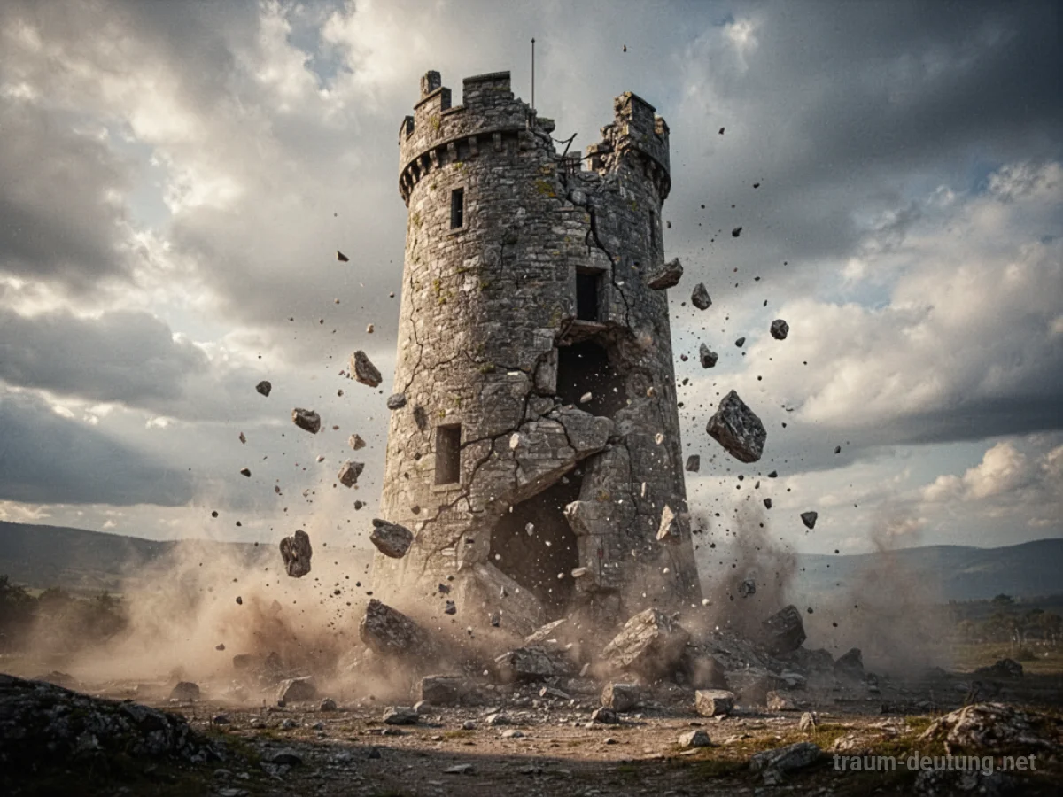 Ein großer Steinturm zerfällt in seine Einzelteile und stürzt ein.