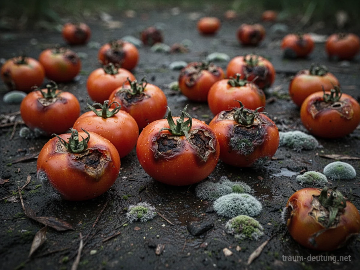 Verfaulte Tomaten liegen auf feuchtem Boden verstreut.
