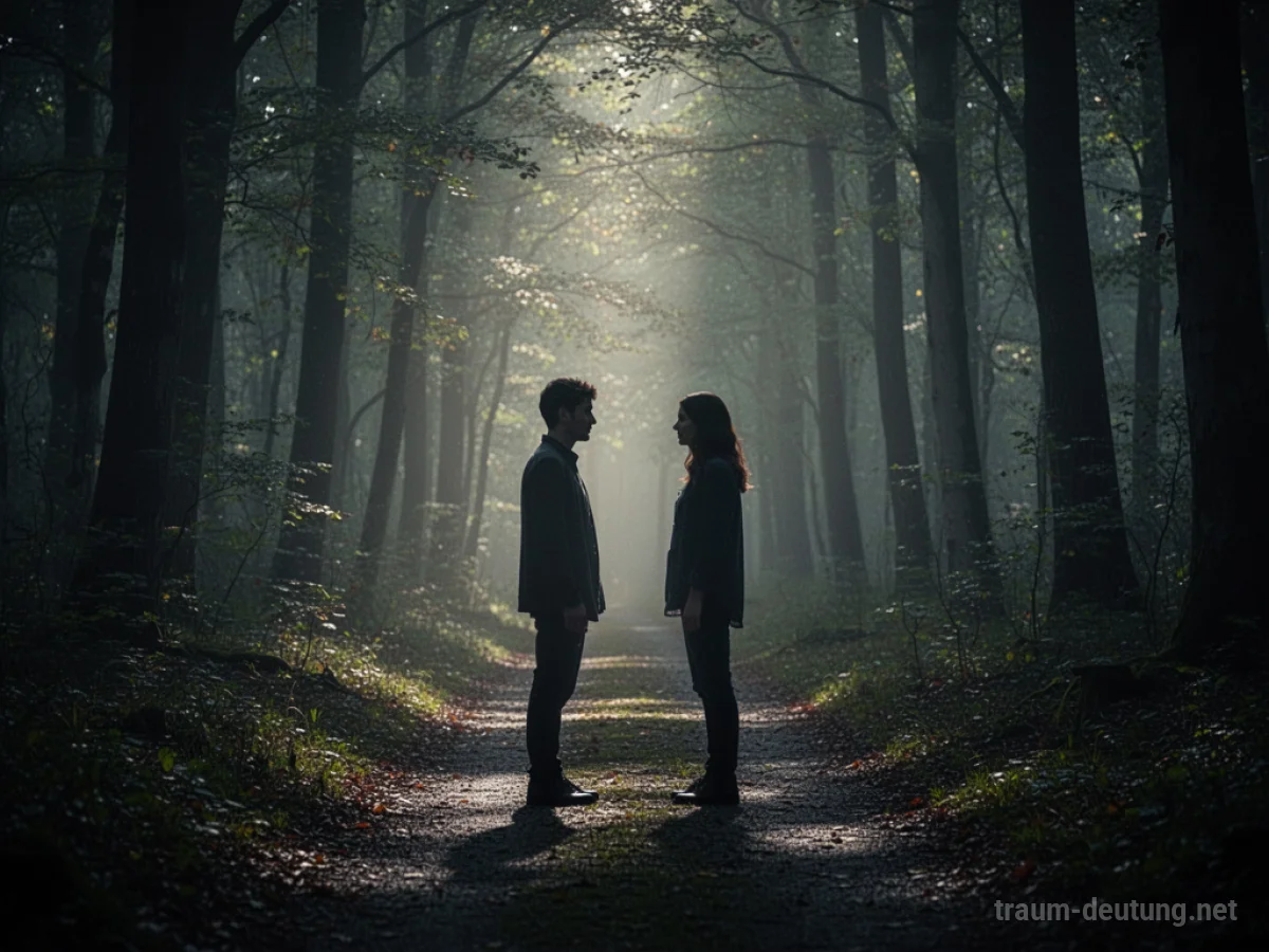 Zwei Silhouetten begegnen sich unerwartet auf einem dunklen Waldweg.