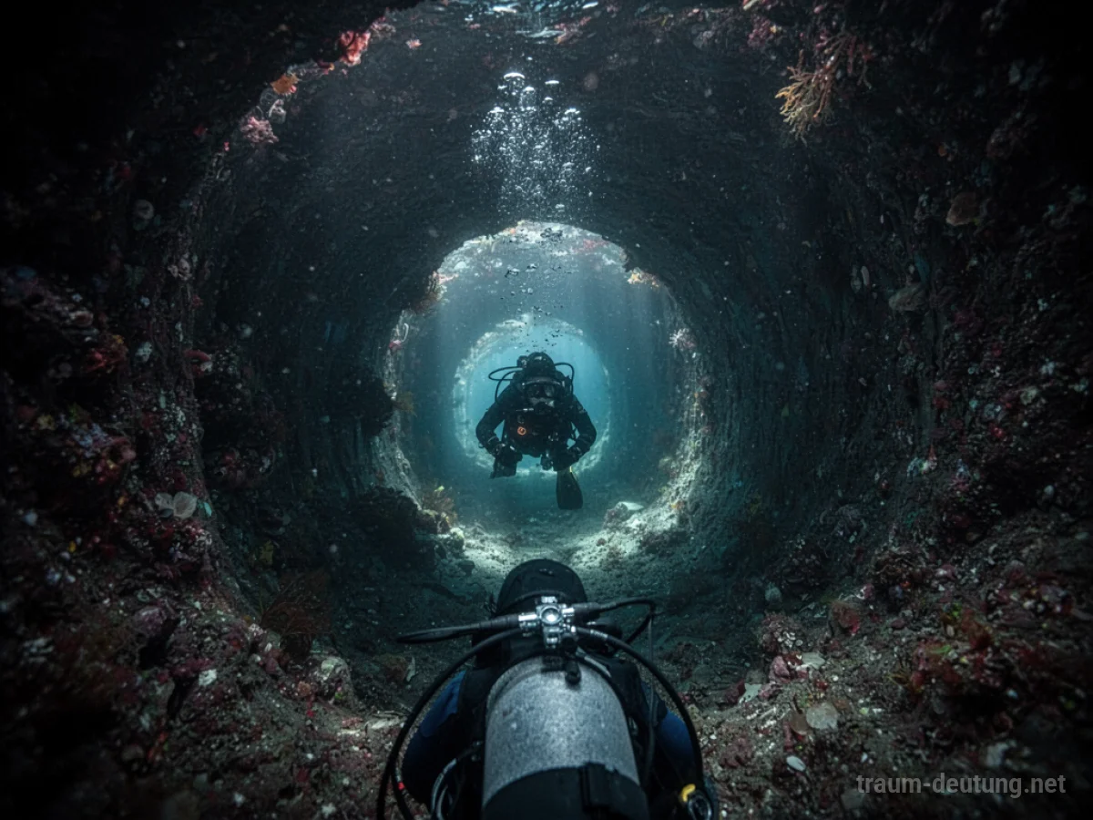 Blick durch einen dunklen Unterwassertunnel mit einem Lichtschimmer am Ende.