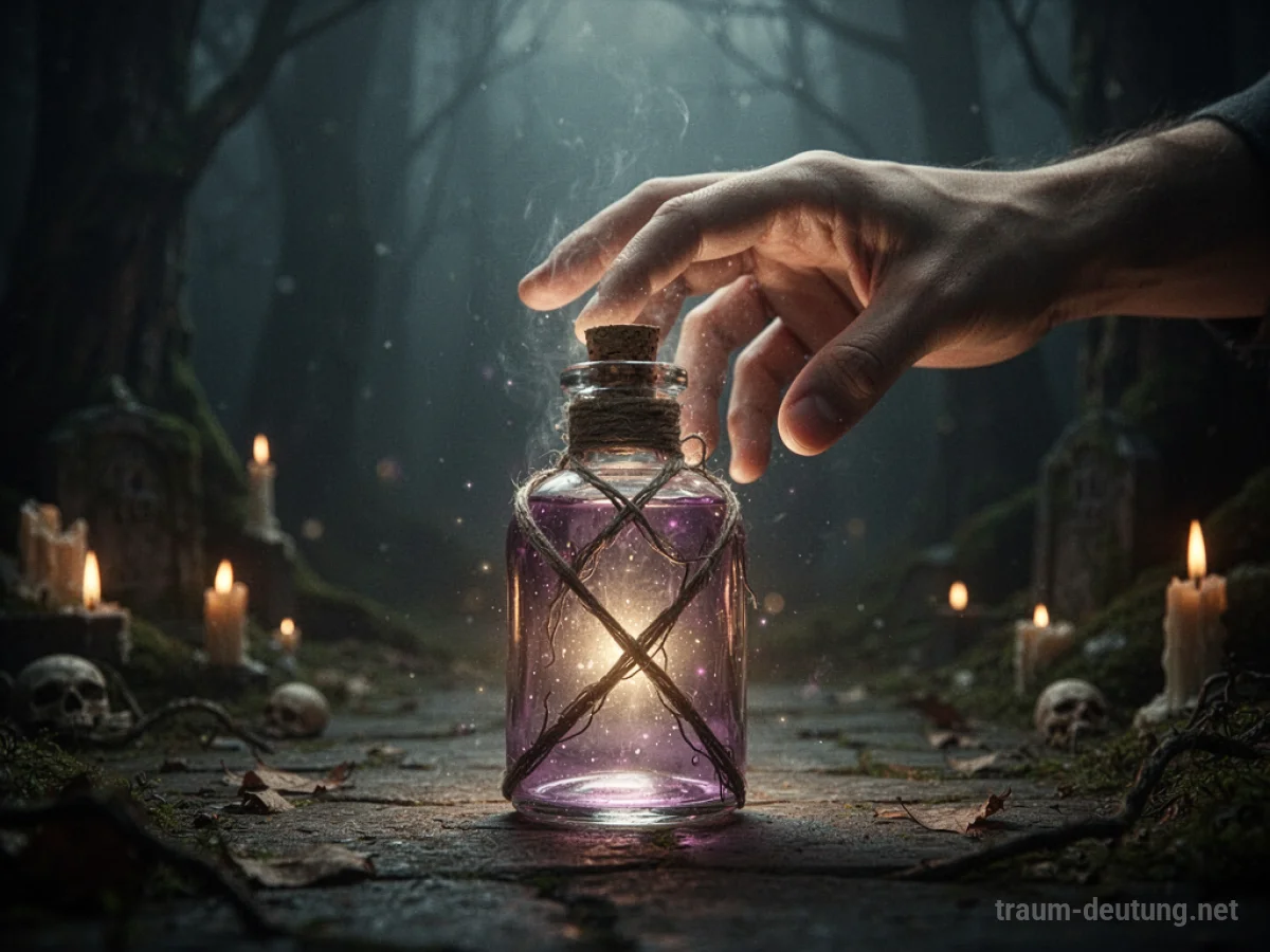 Hand greift nach leuchtender Flasche mit verbotenem Getränk.