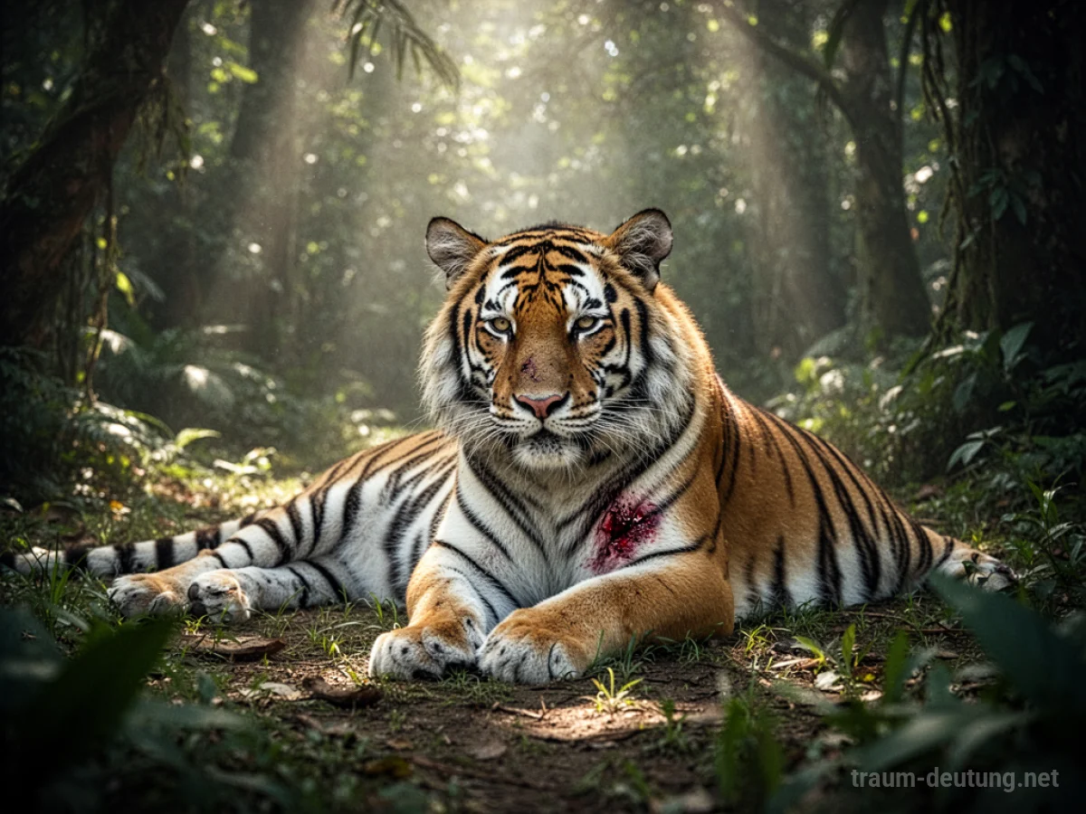 Ein verwundeter Tiger ruht im Dschungellicht.