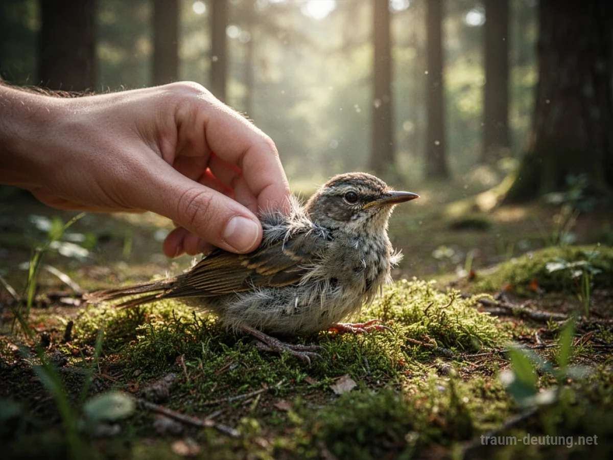 Hand streichelt vorsichtig verletztes Tier im Wald