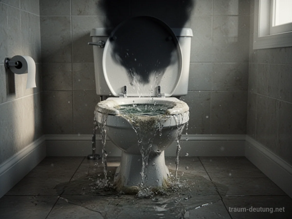 Verstopfte Toilette mit überlaufendem Wasser und einem dunklen Schatten darüber.