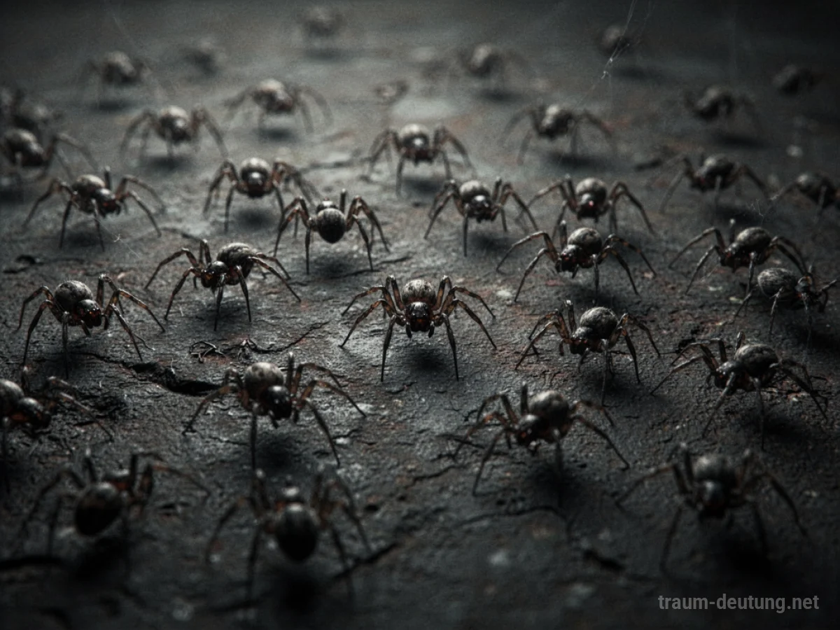 Viele kleine Spinnen krabbeln über eine dunkle Oberfläche.