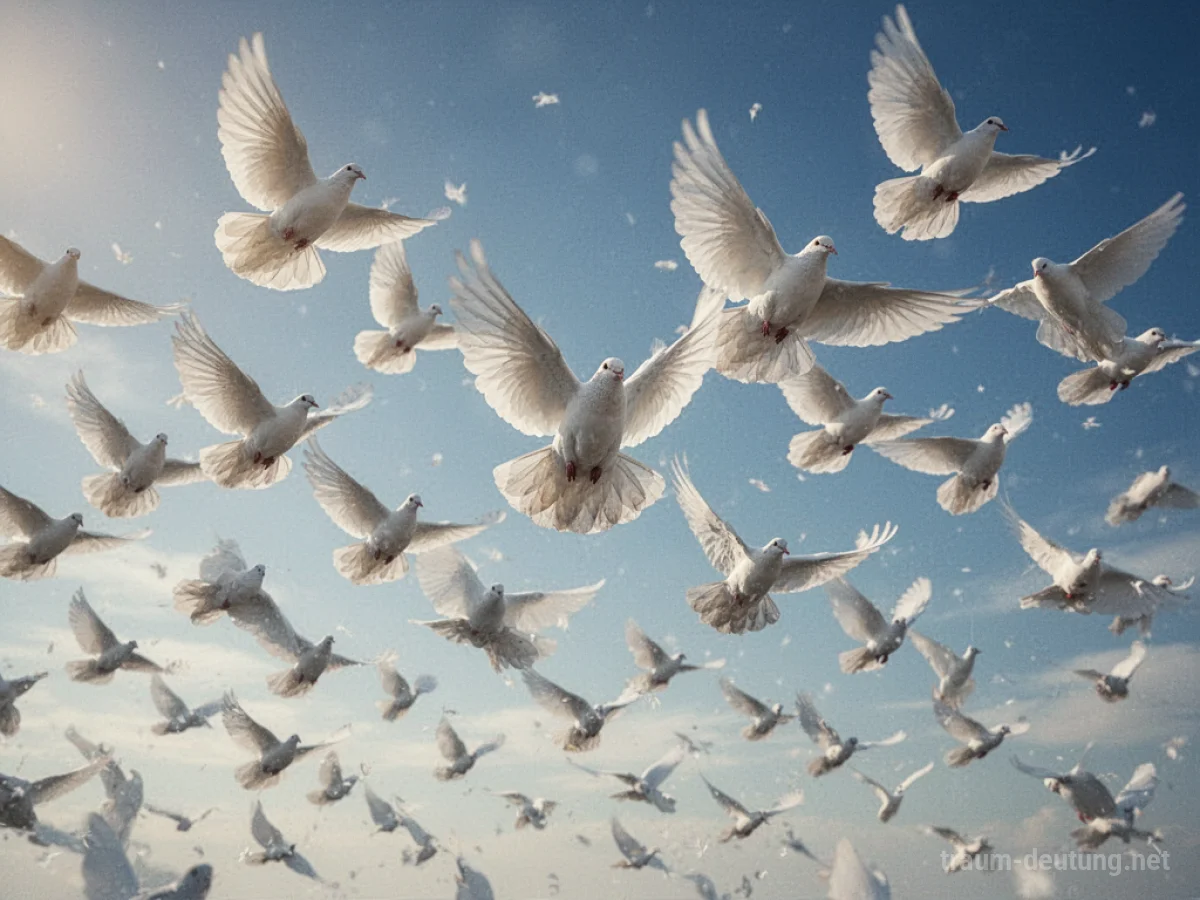 Ein großer Schwarm weißer Tauben fliegt friedlich am blauen Himmel.