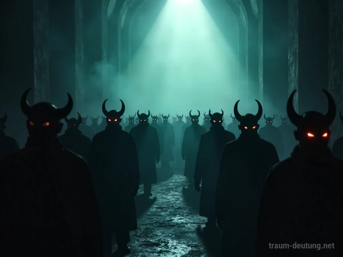 Viele schemenhafte Teufelsfiguren in einer dunklen Halle