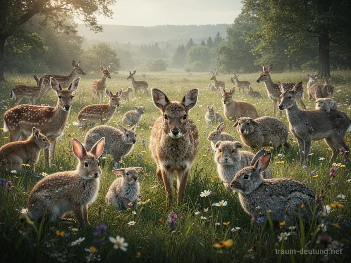 Eine Wiese voller verschiedener Tiere, die friedlich zusammenstehen.