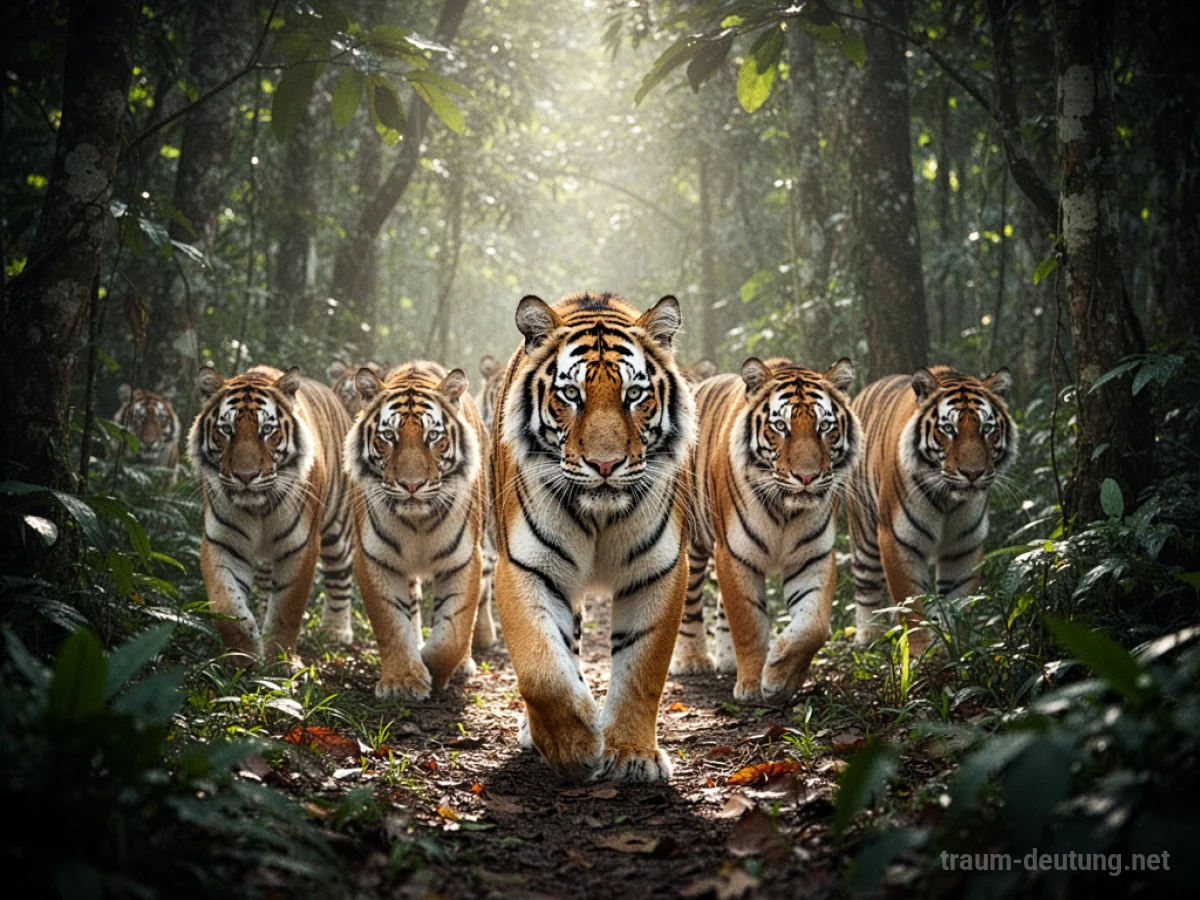 Mehrere Tiger im Dschungel, die ruhig umherstreifen