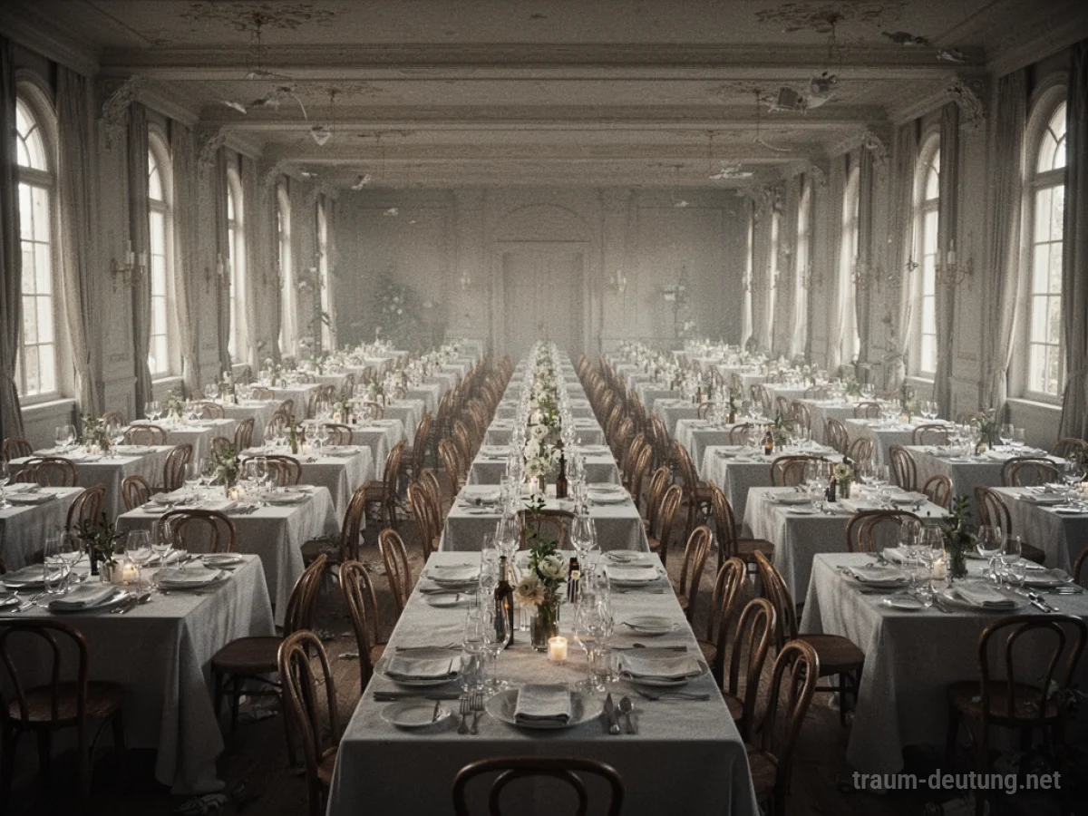 Viele gedeckte Tische in einem großen Saal, die sich in die Ferne erstrecken.