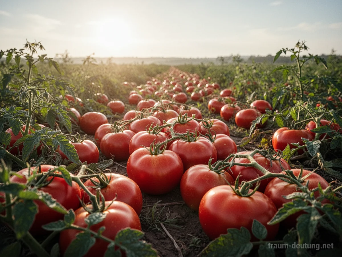 Ein Feld voller reifer, roter Tomaten unter strahlender Sonne.