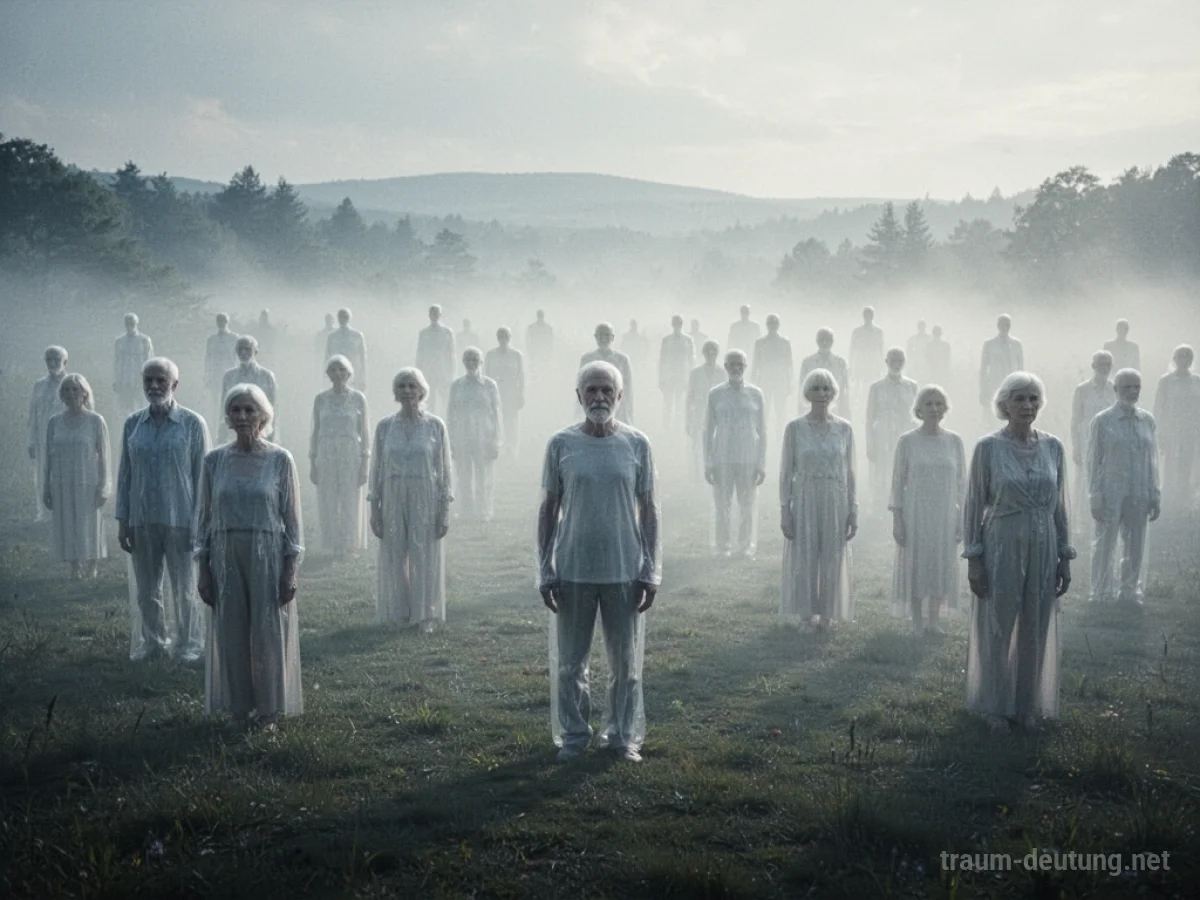Viele schemenhafte Figuren stehen in einer nebligen Landschaft unter sanftem Licht.