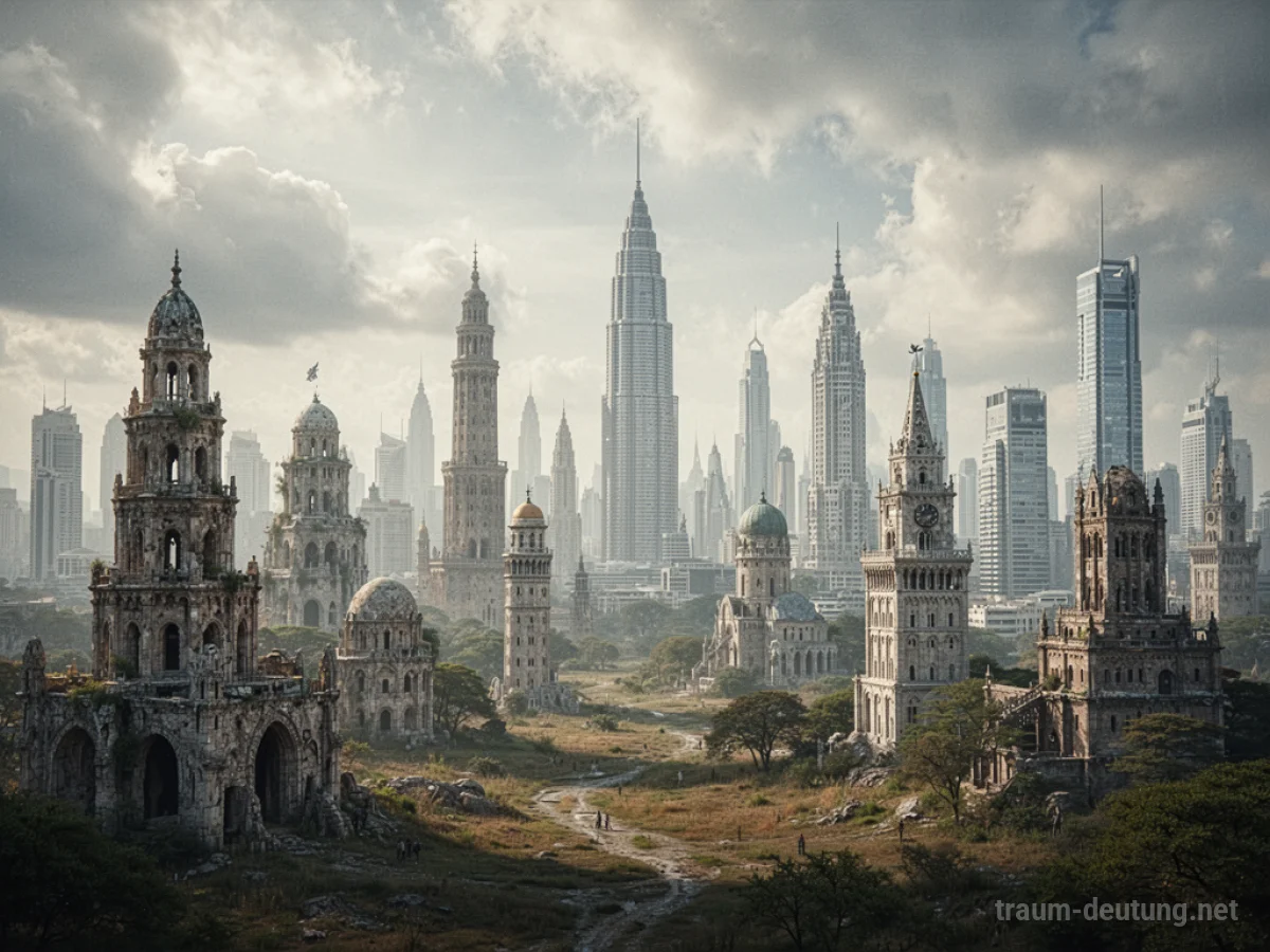 Viele unterschiedliche Türme in einer weiten Landschaft unter einem bewölkten Himmel