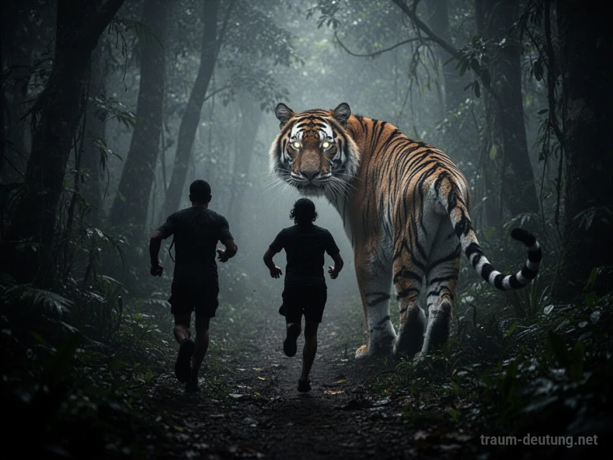 Silhouette einer Person, die vor einem Tiger in einem dunklen Dschungel flieht