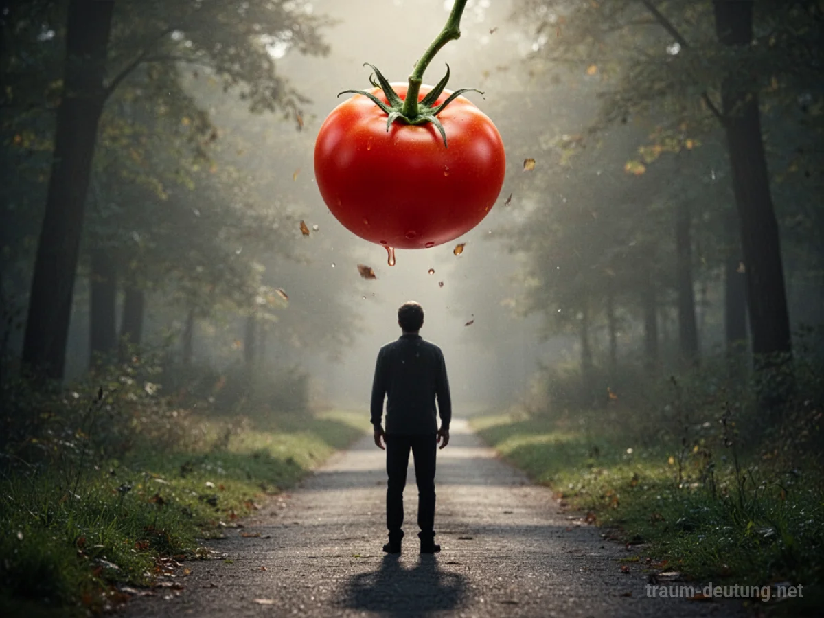 Eine Tomate fällt auf eine Silhouette am Boden