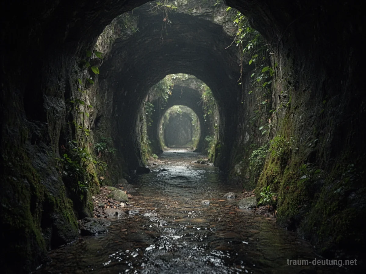 Ein dunkler Tunnel mit Wasser auf dem Boden und Licht am Ende.