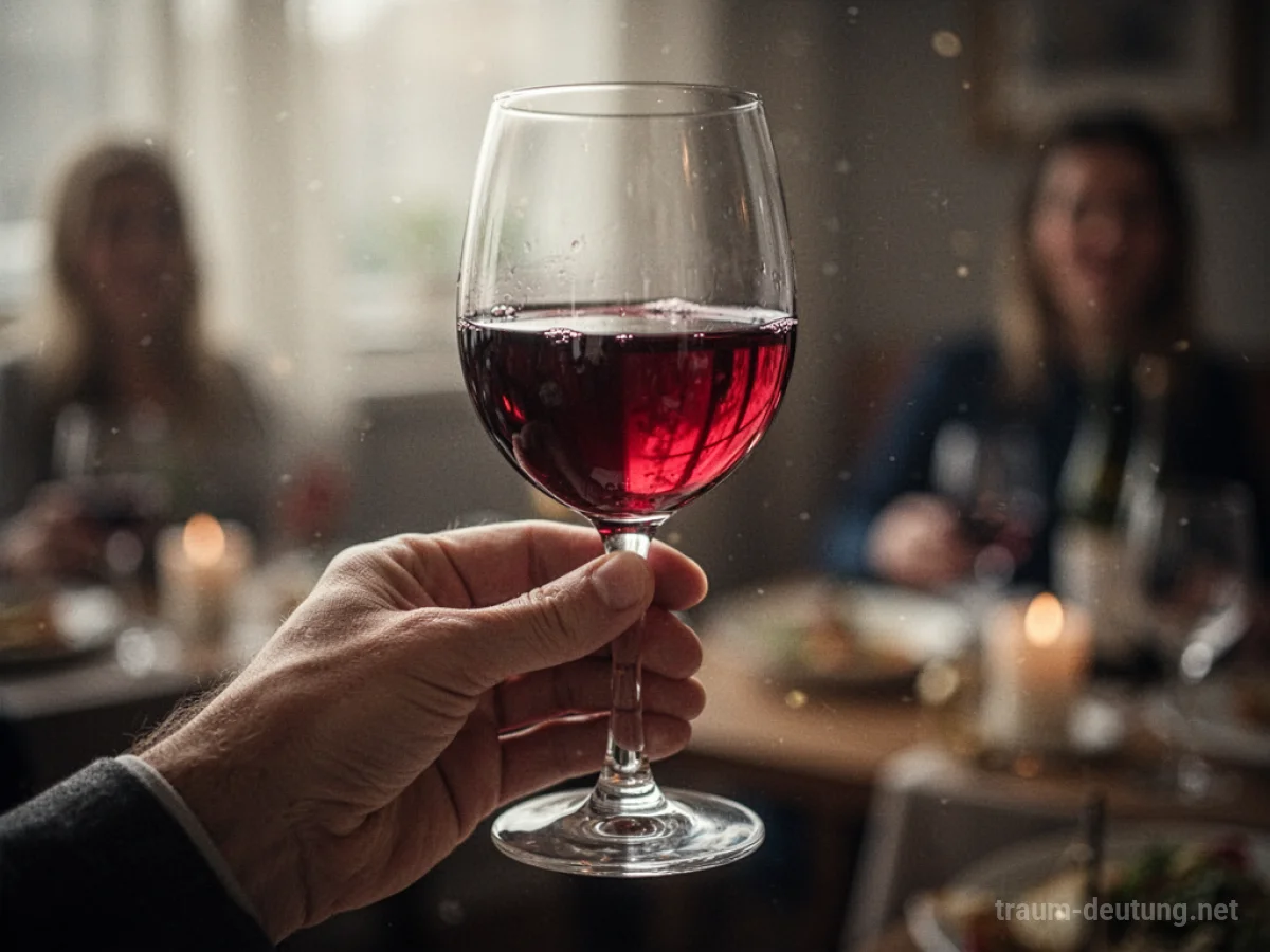 Glas Rotwein in einer Hand, beleuchtet von sanftem Licht