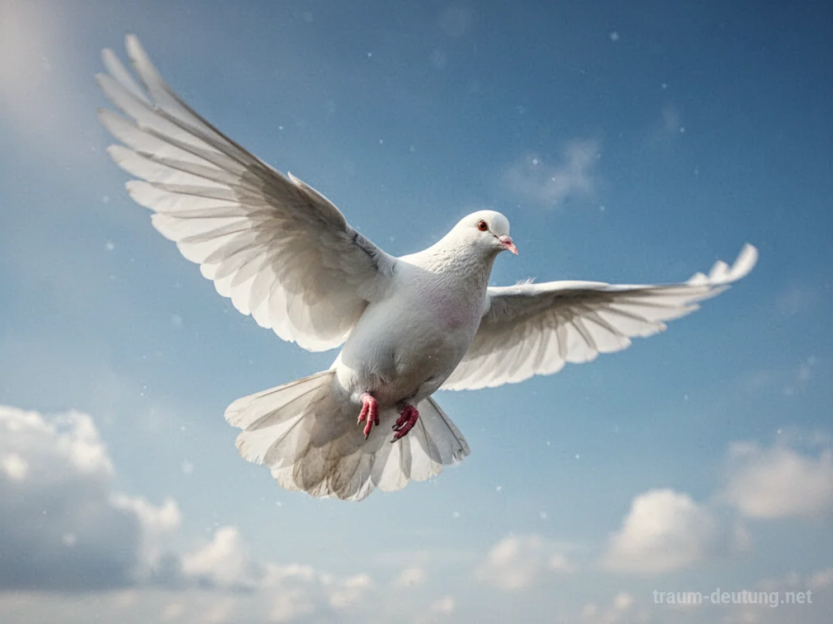 Eine weiße Taube fliegt im Traum unter blauem Himmel.