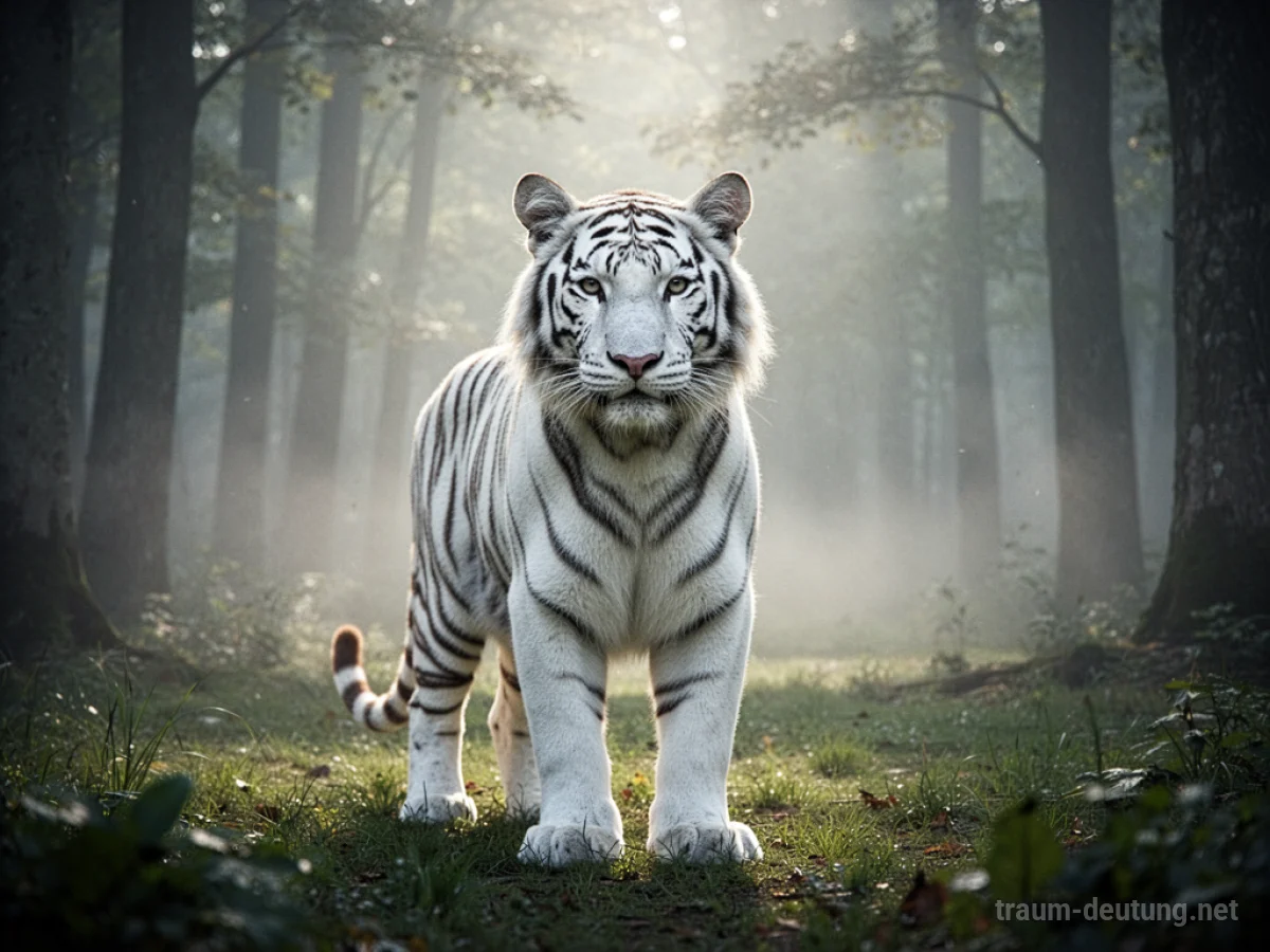 Ein weißer Tiger steht ruhig in einem nebligen Wald.