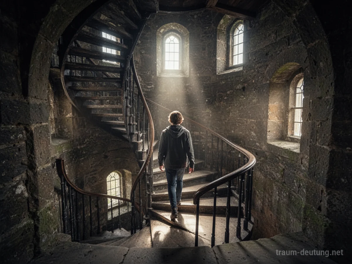 Eine Person geht eine Wendeltreppe in einem alten Turm hinauf.