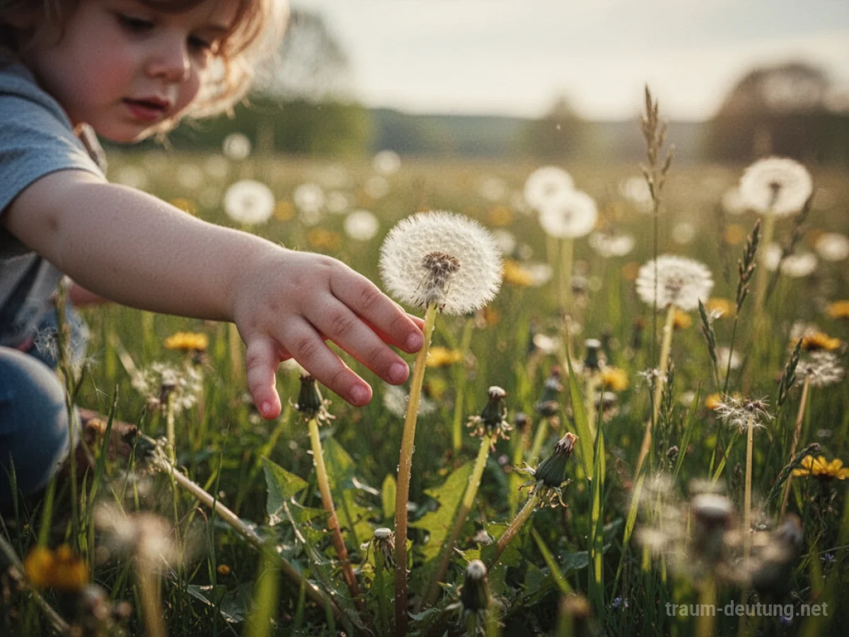 Kindliche Hand greift nach Pusteblume im Sonnenschein