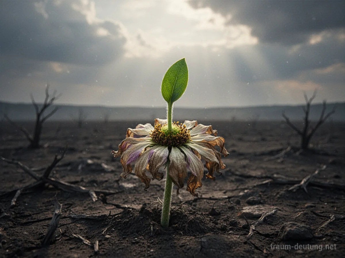 Eine einzelne Blume mit neuem Trieb in einer düsteren Landschaft