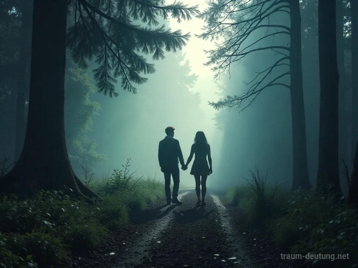Zwei Silhouetten treffen sich auf einem nebligen Waldweg.