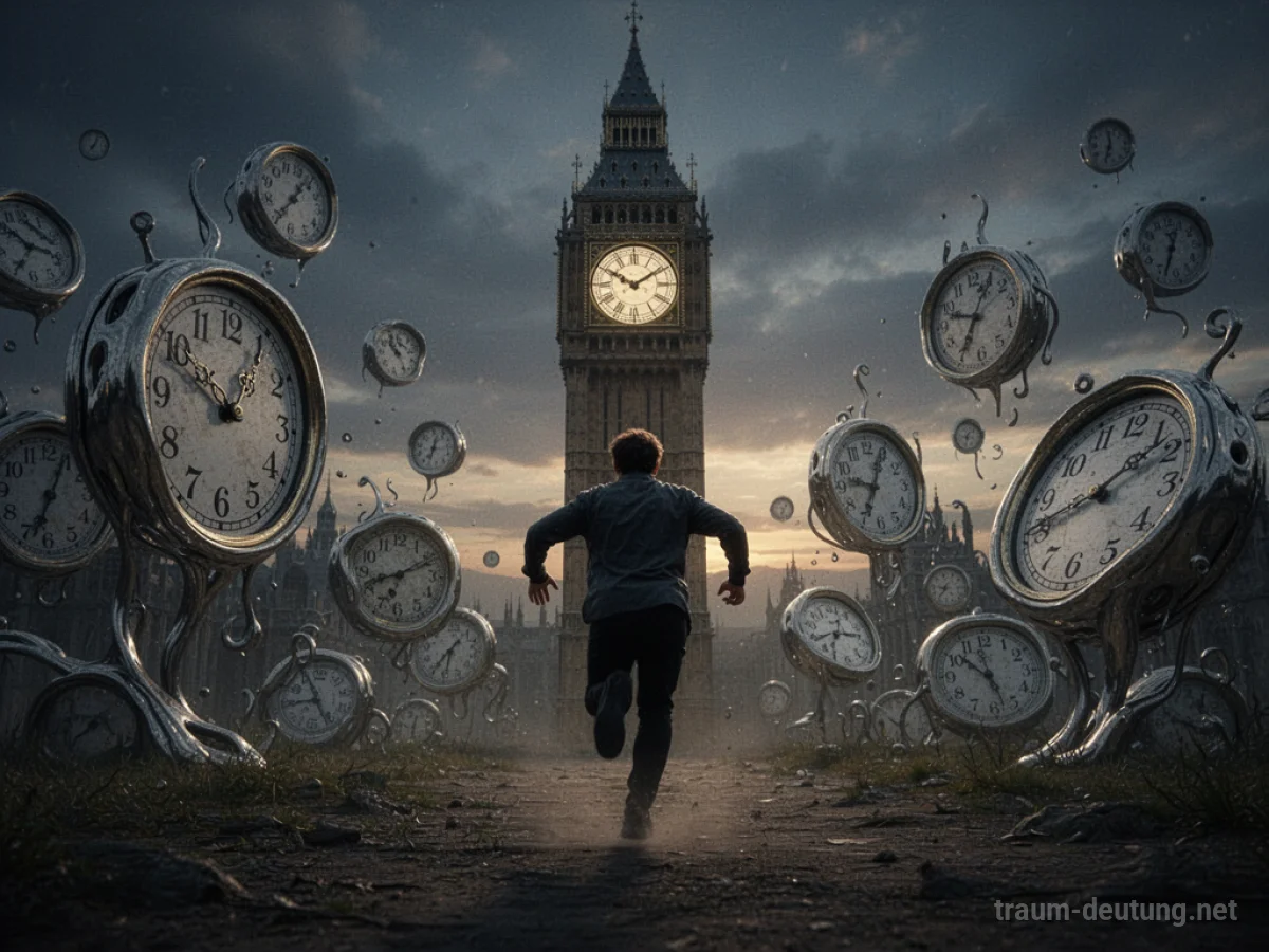 Person rennt auf eine Uhr zu, im Hintergrund schmelzende Uhren.