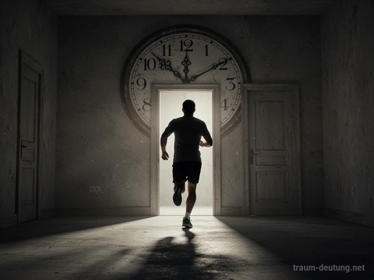 Silhouette einer Person, die zu einer Tür rennt, im Hintergrund eine Uhr, die eine vergangene Zeit anzeigt.