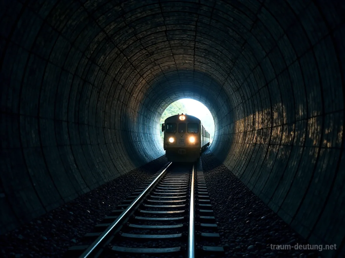 Ein Zug fährt durch einen dunklen Tunnel auf einer Schiene.