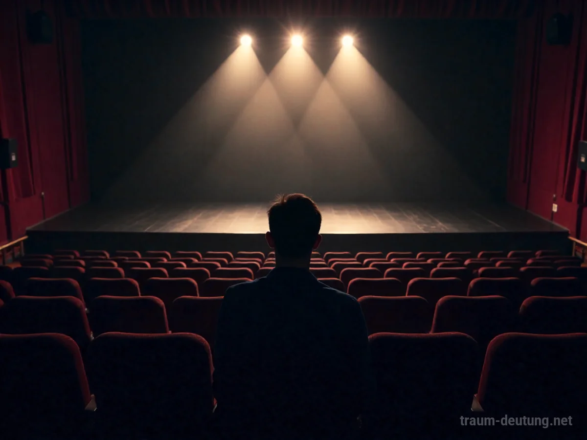 Eine einzelne Person sitzt im leeren Theater und blickt zur Bühne.
