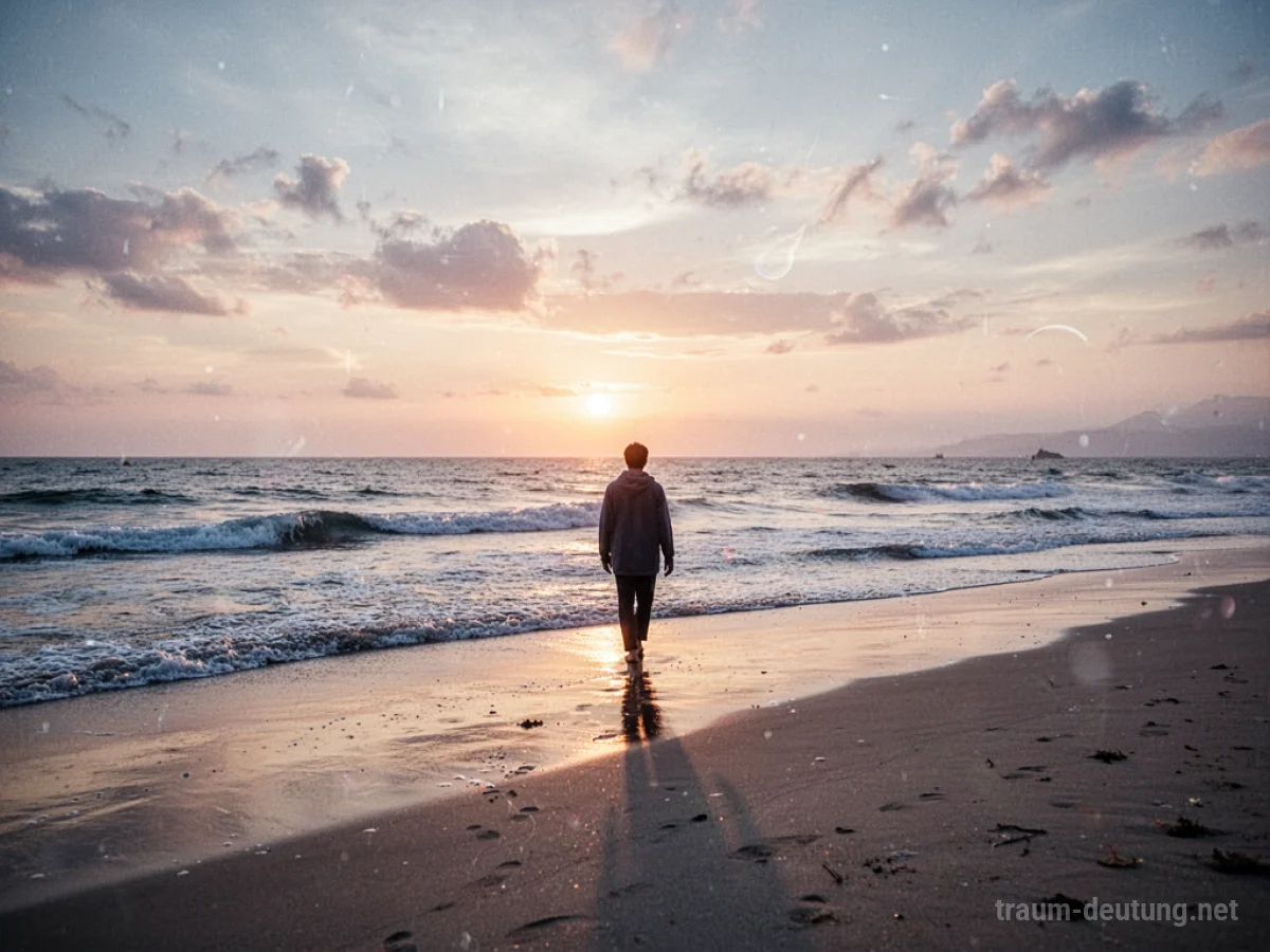 Einzelne Person geht am Strand spazieren bei Sonnenaufgang.