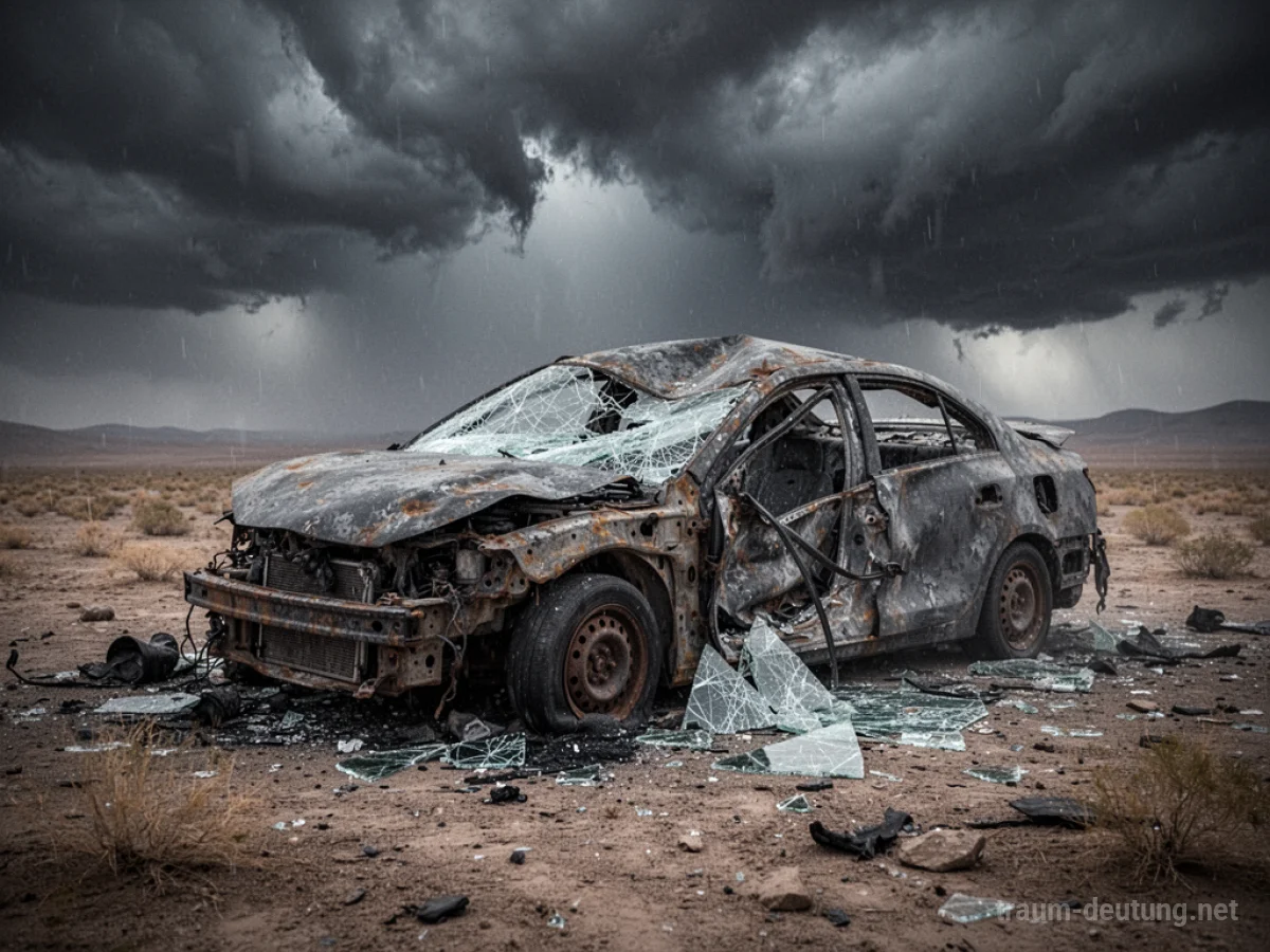 Ein komplett zerstörtes Auto, umgeben von Schrott und zerbrochenem Glas.