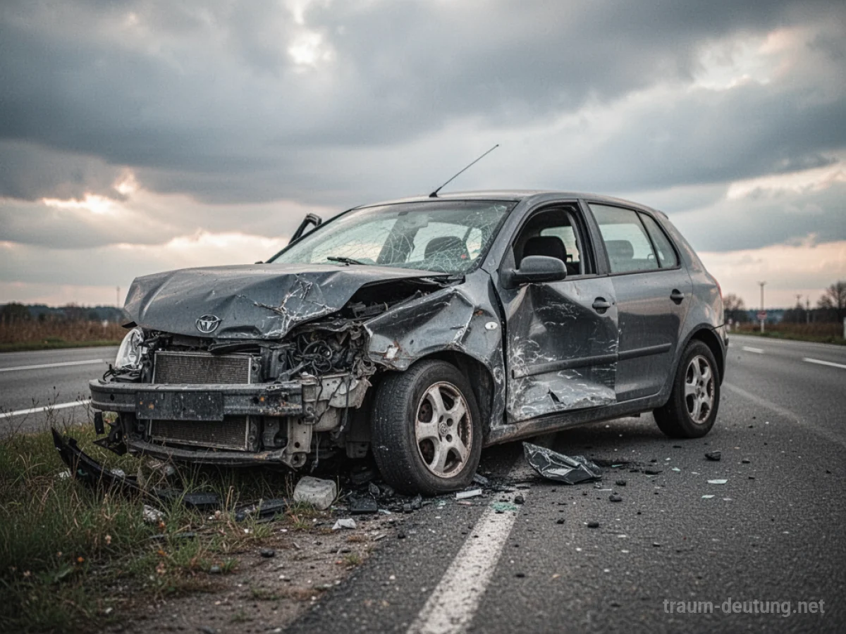 Beschädigtes Auto nach einem Unfall auf einer Straße.